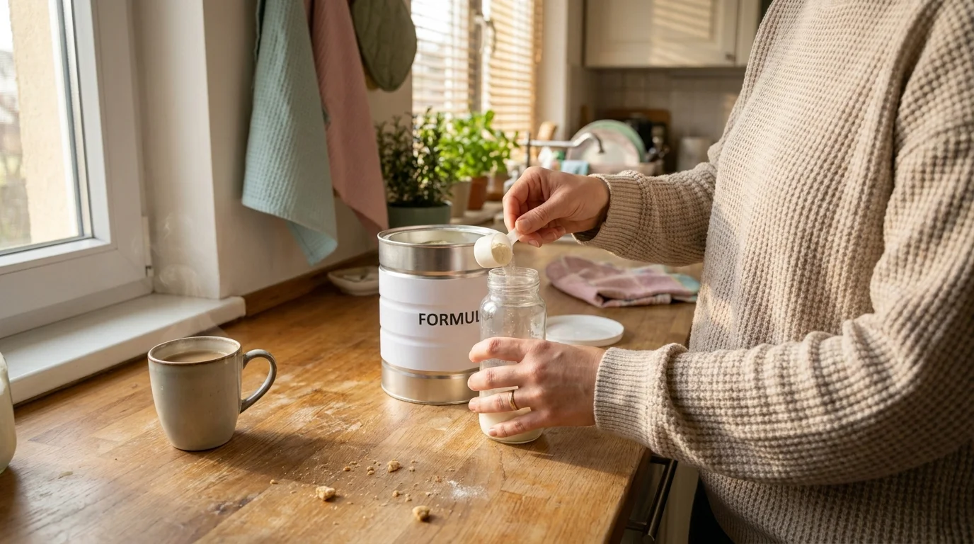 A parent prepares a baby bottle using generic infant formula in a sunlit kitchen.