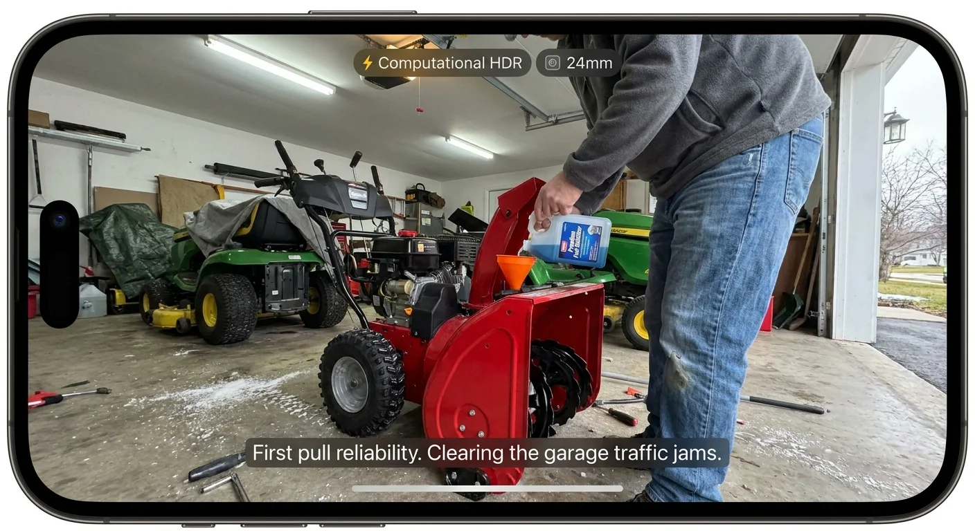 A person adding fuel stabilizer to a snowblower in a garage next to a riding lawn mower.