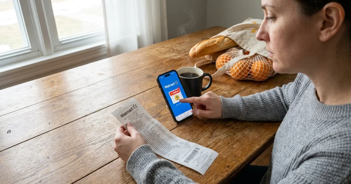 A person at a kitchen table with a receipt and smartphone, planning a budget with the Walmart app in morning light.