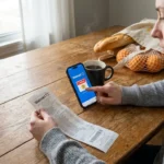A person at a kitchen table with a receipt and smartphone, planning a budget with the Walmart app in morning light.