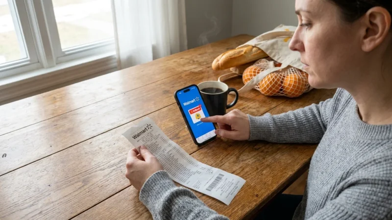 A person at a kitchen table with a receipt and smartphone, planning a budget with the Walmart app in morning light.