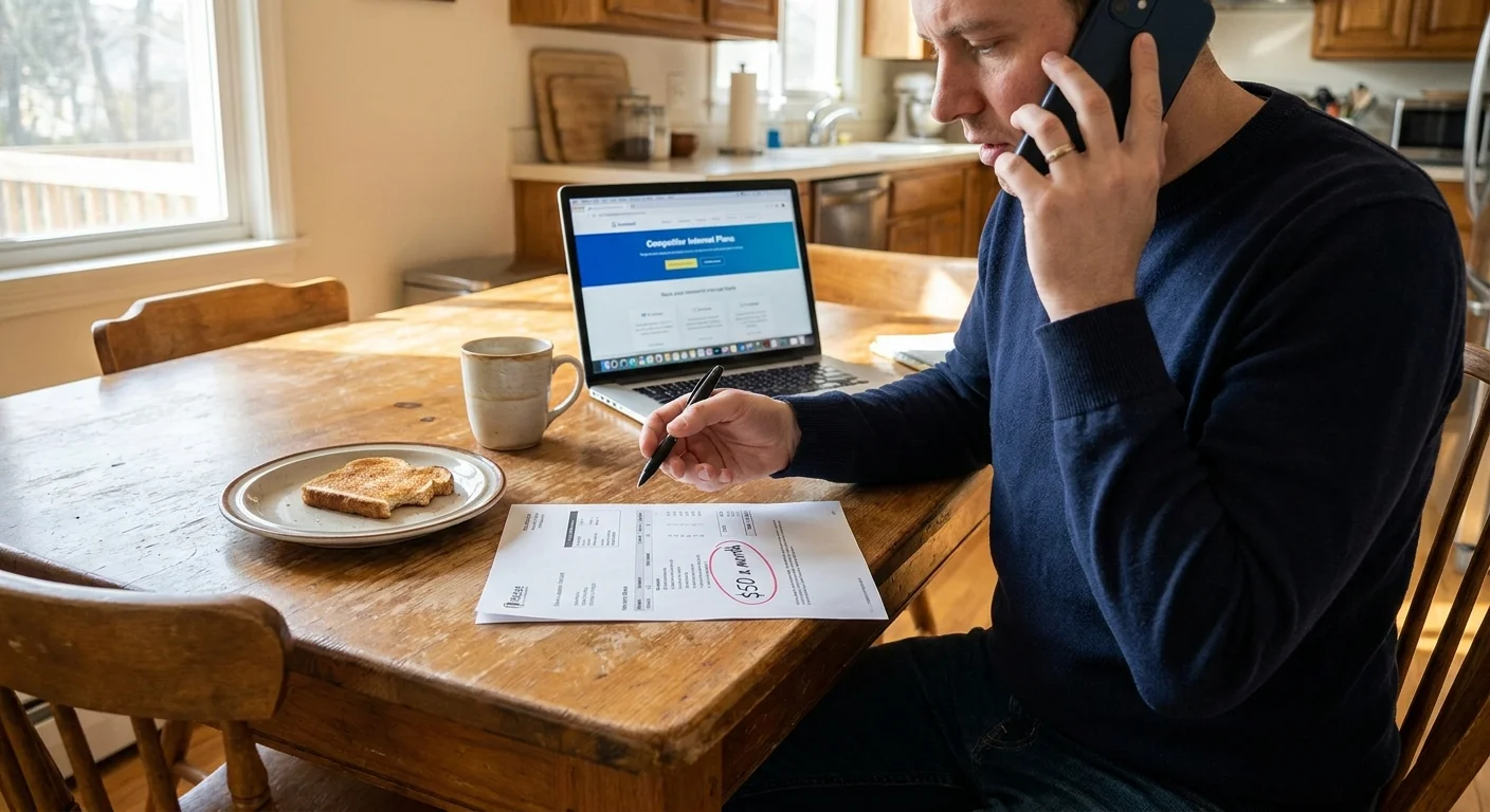 A person at a wooden table holding a phone and reviewing a paper bill with the handwritten note '$50 a month'.