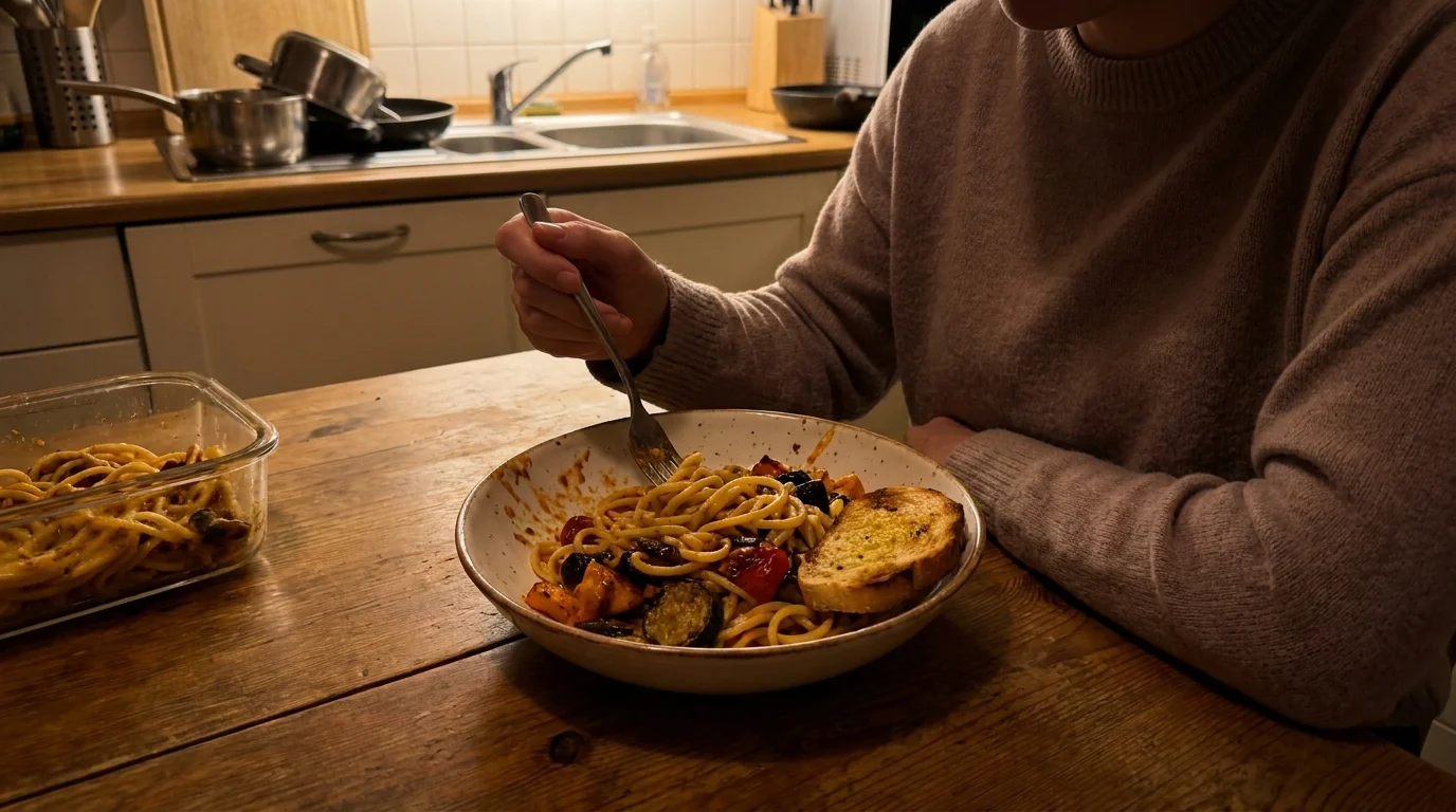 A person eating a home-cooked bowl of pasta at a dining table, illustrating an alternative to frozen meals.