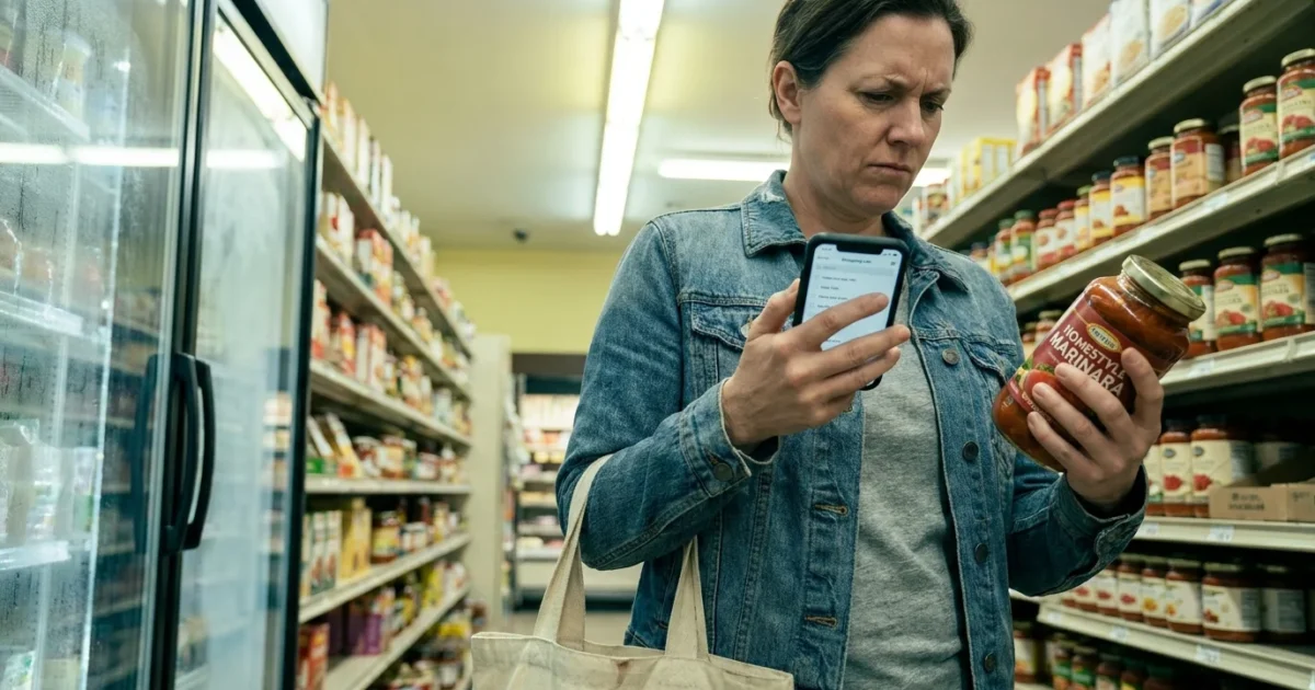 A person in a grocery store compares two items while checking a digital list on their phone.
