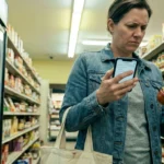 A person in a grocery store compares two items while checking a digital list on their phone.