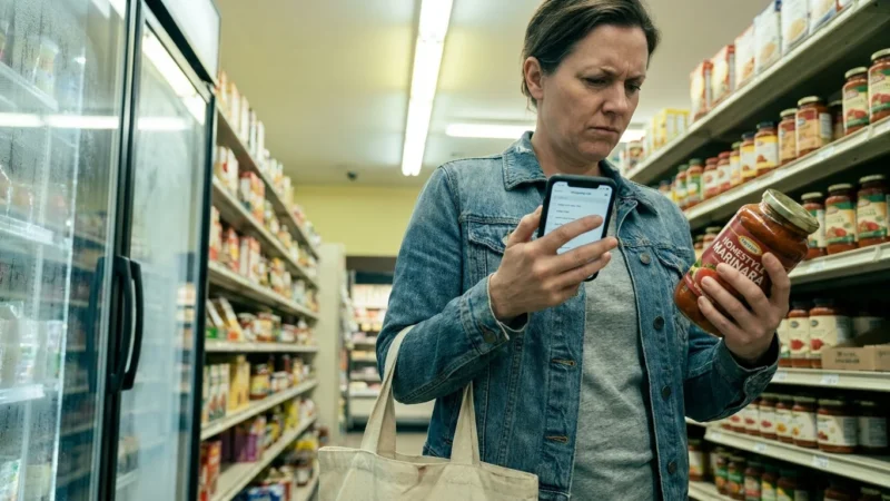 A person in a grocery store compares two items while checking a digital list on their phone.