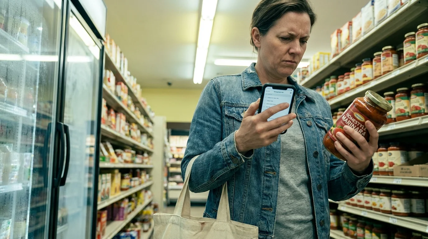 A person in a grocery store compares two items while checking a digital list on their phone.