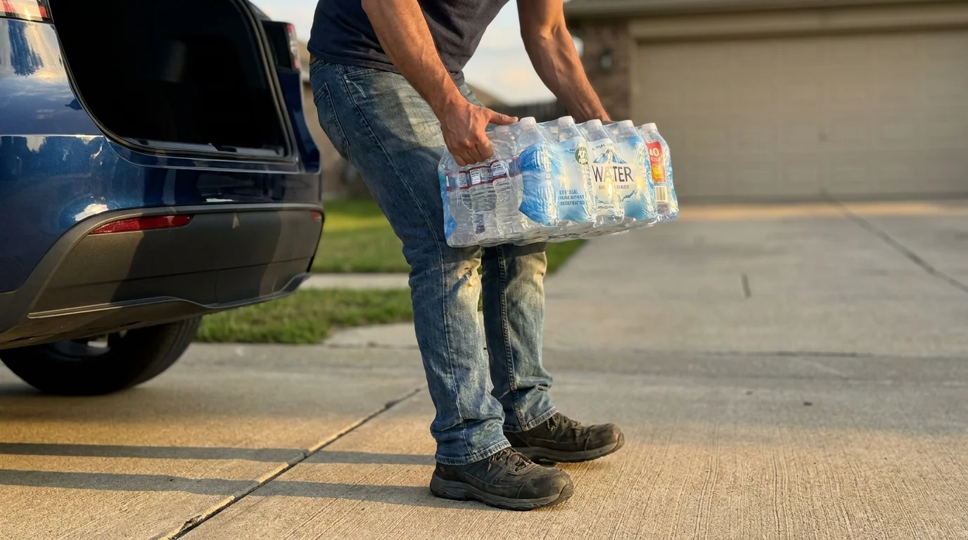 A person lifting a heavy bulk pack of bottled water out of a car trunk in a driveway.
