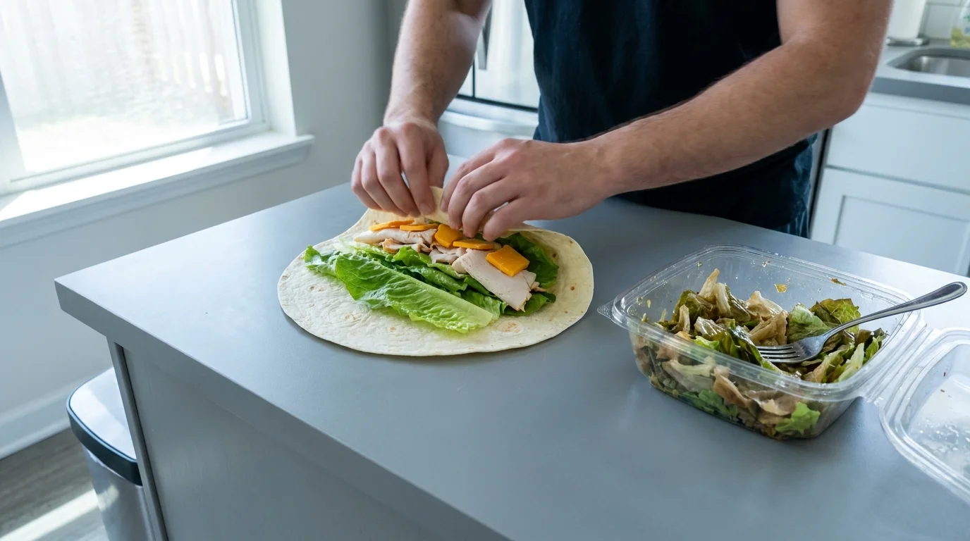 A person making a fresh wrap at home next to a plastic-packaged, wilted store salad.