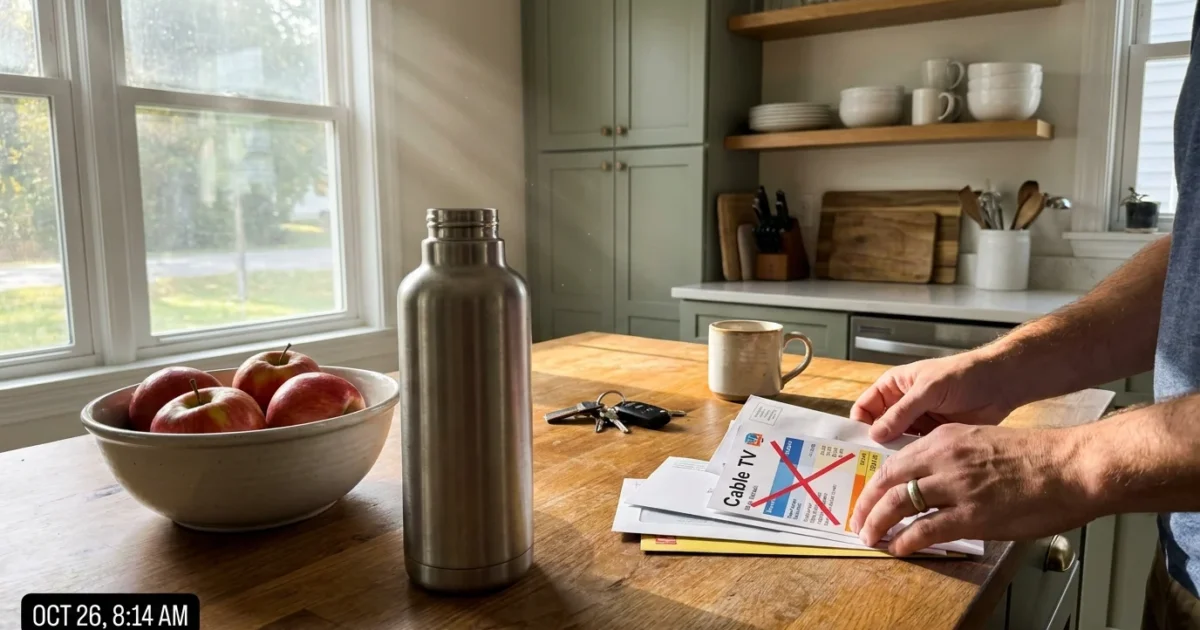 A person marks an X on a cable bill next to a reusable water bottle and whole fruit on a kitchen counter.