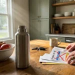 A person marks an X on a cable bill next to a reusable water bottle and whole fruit on a kitchen counter.