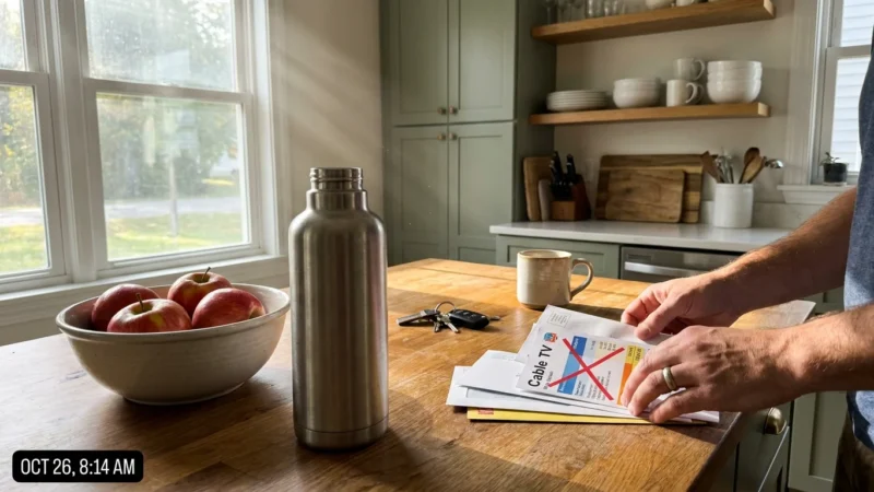 A person marks an X on a cable bill next to a reusable water bottle and whole fruit on a kitchen counter.