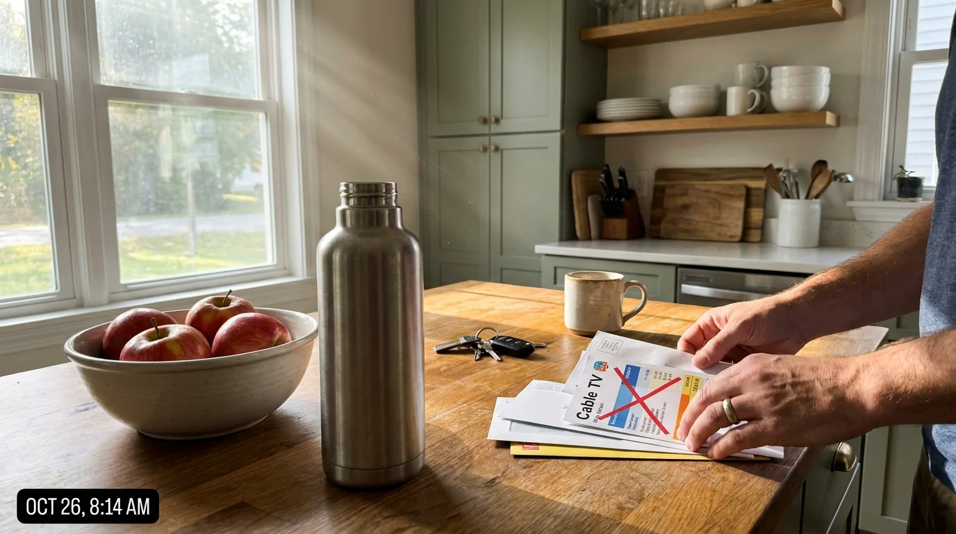 A person marks an X on a cable bill next to a reusable water bottle and whole fruit on a kitchen counter.