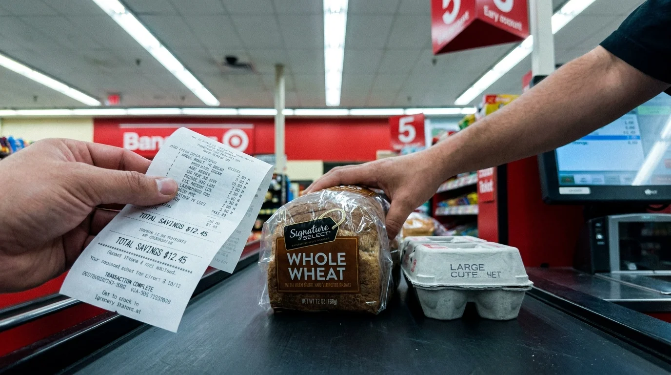 A person placing store-brand bread and eggs onto a grocery checkout belt, holding their receipt.