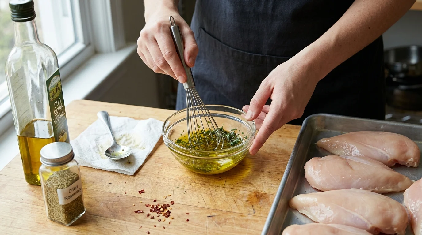 A person preparing a home-made marinade for plain chicken breasts to save on the cost of pre-marinated meats.