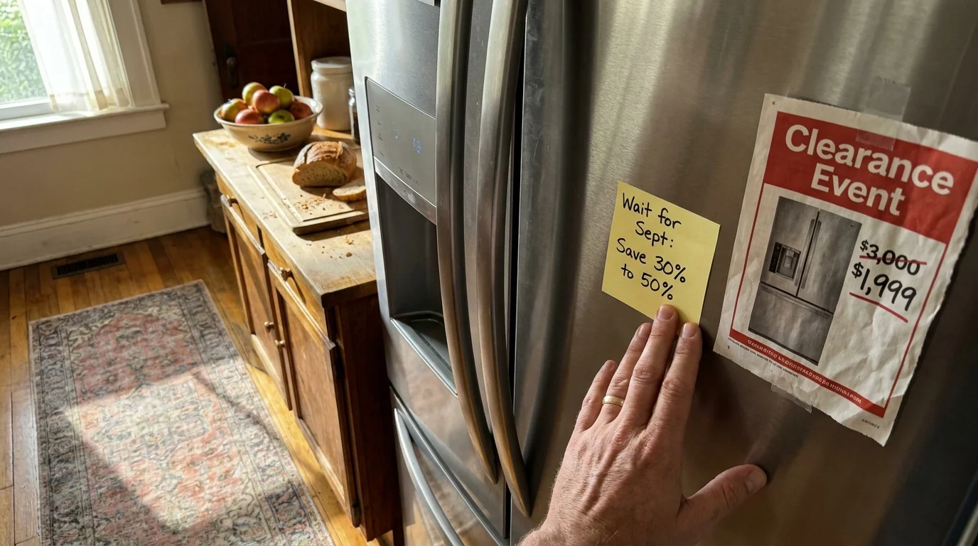 A person puts a reminder note on a refrigerator to wait for September sales, showing a price drop from $3,000 to $1,999.