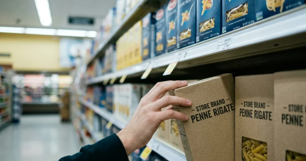 A person reaches for a generic store-brand product on the bottom shelf of a grocery store aisle.