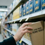 A person reaches for a generic store-brand product on the bottom shelf of a grocery store aisle.