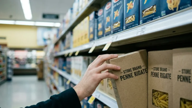 A person reaches for a generic store-brand product on the bottom shelf of a grocery store aisle.