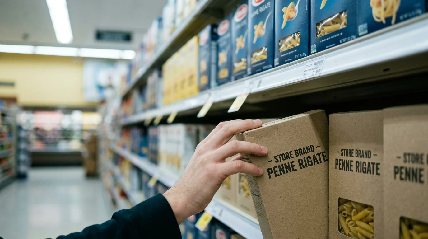 A person reaches for a generic store-brand product on the bottom shelf of a grocery store aisle.