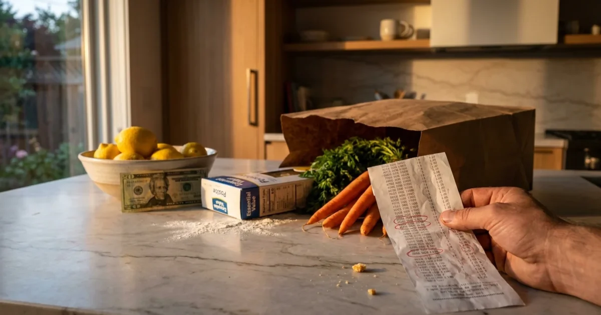 A person reviewing a long grocery receipt on a kitchen island at sunset, with a $20 bill visible under a bowl of lemons.