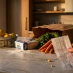 A person reviewing a long grocery receipt on a kitchen island at sunset, with a $20 bill visible under a bowl of lemons.