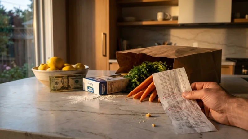 A person reviewing a long grocery receipt on a kitchen island at sunset, with a $20 bill visible under a bowl of lemons.