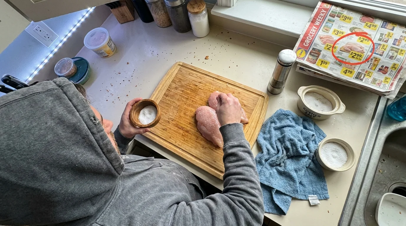 A person seasoning chicken at home next to a grocery circular showing a $2.99 sale price.
