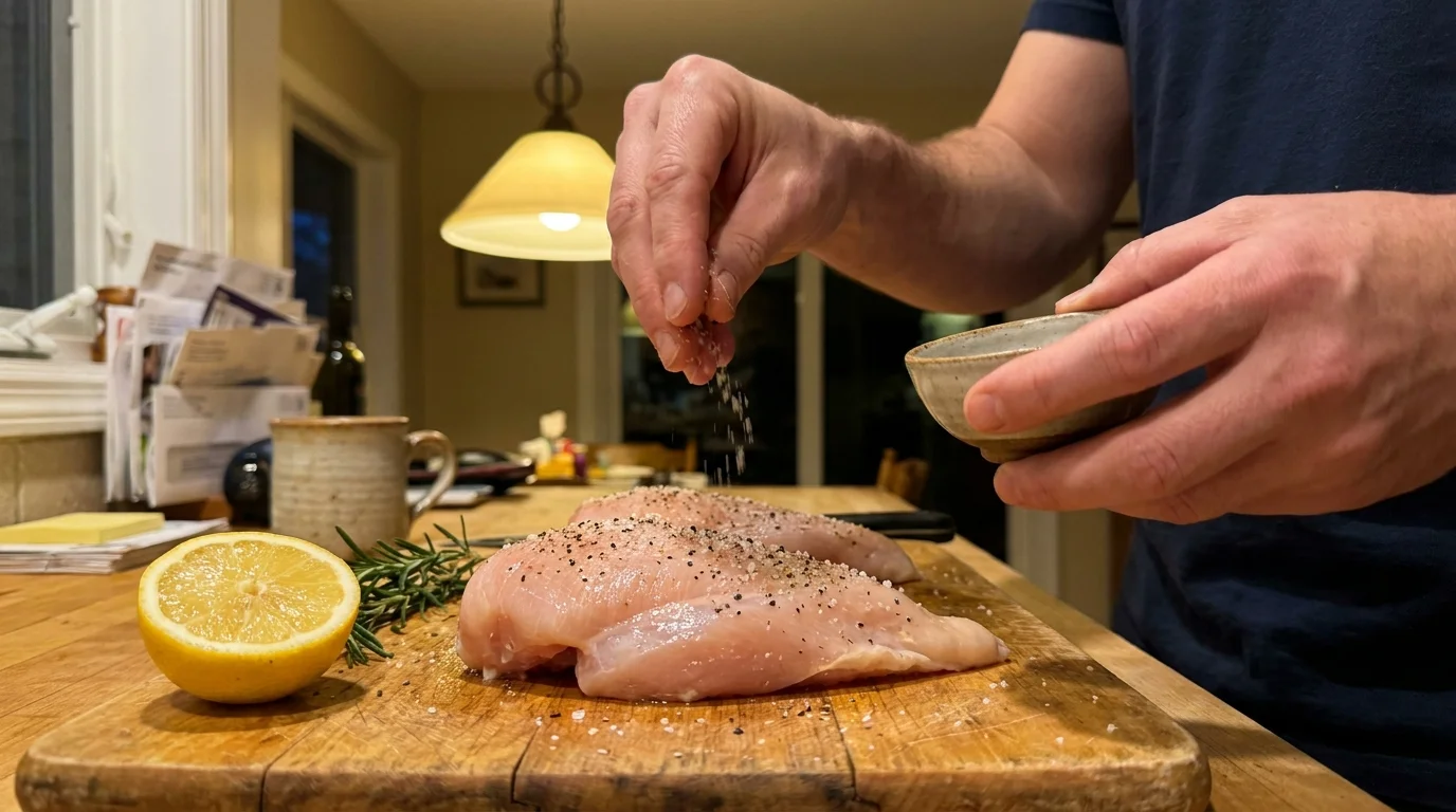 A person seasoning raw chicken at home with salt, pepper, and lemon instead of buying pre-marinated meat.