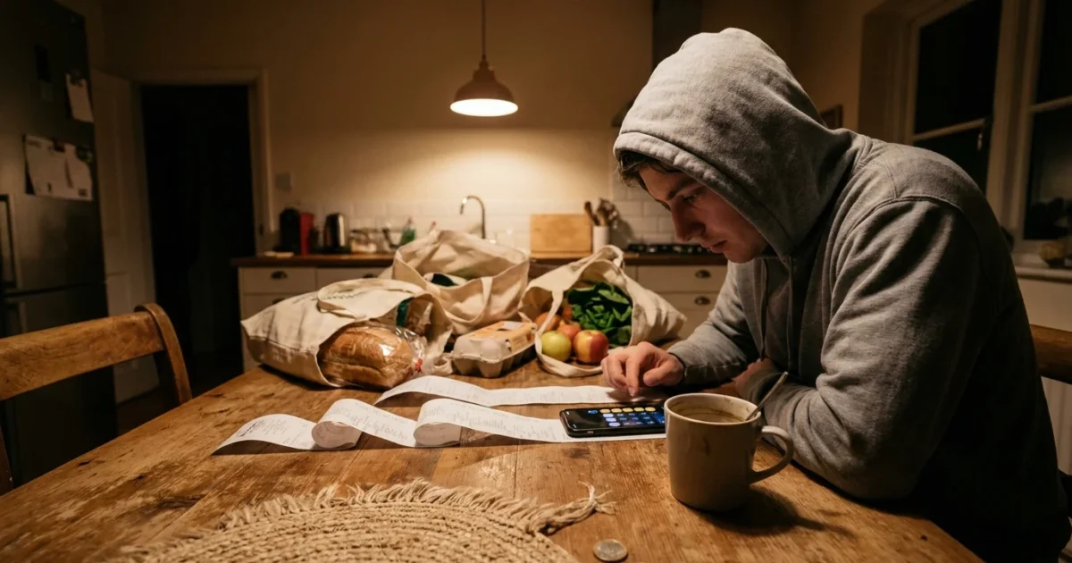 A person sitting at a kitchen table at night, using a smartphone calculator to review grocery receipts next to reusable shopping bags.