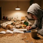 A person sitting at a kitchen table at night, using a smartphone calculator to review grocery receipts next to reusable shopping bags.