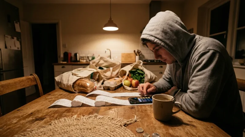 A person sitting at a kitchen table at night, using a smartphone calculator to review grocery receipts next to reusable shopping bags.