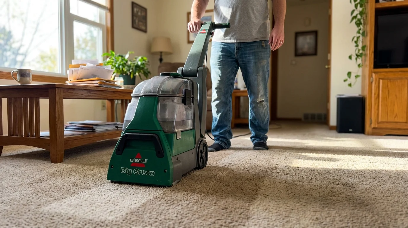 A person using a shared professional carpet cleaner in a brightly lit, realistic living room.