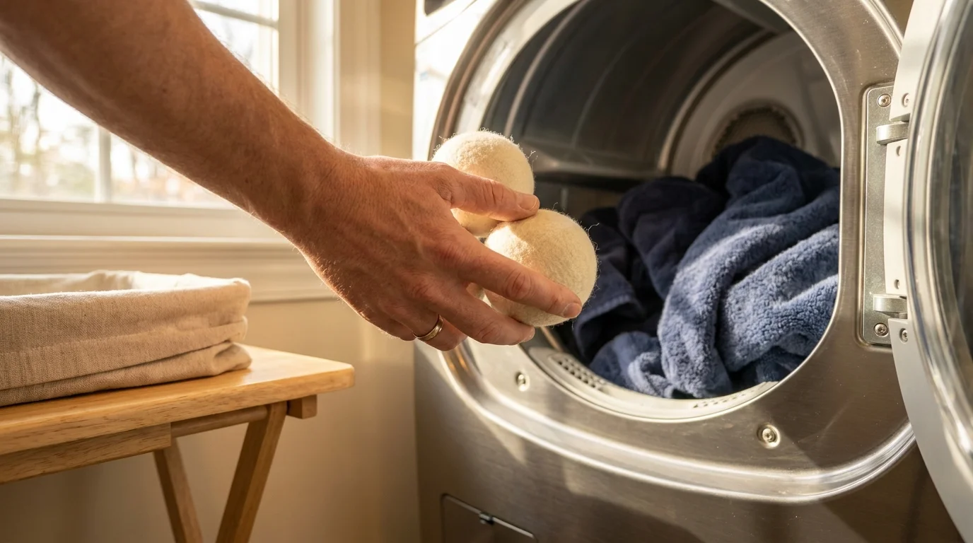 A person's hand placing natural wool dryer balls into a laundry machine with blue towels.