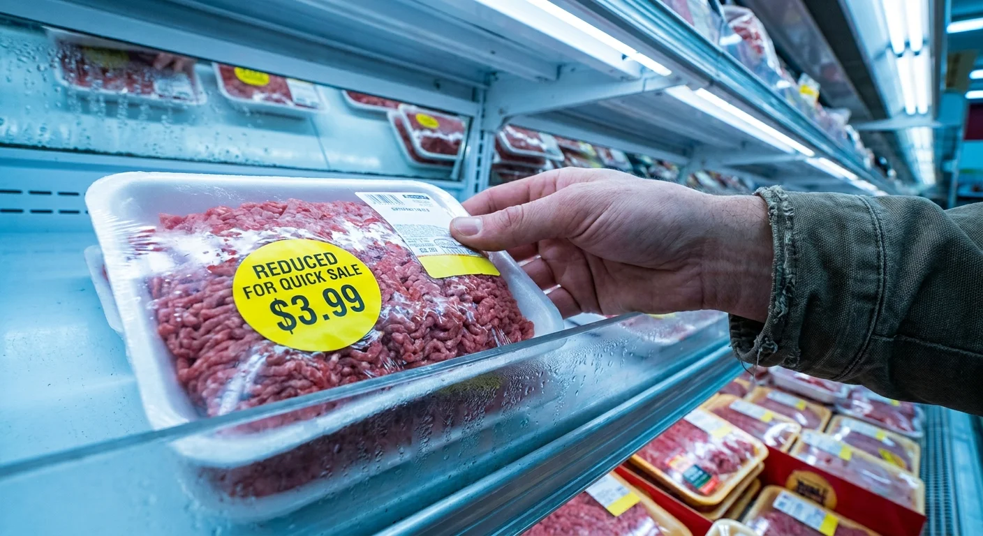 A person's hand reaching for a package of meat with a yellow 'Reduced for Quick Sale' sticker in a grocery cooler.