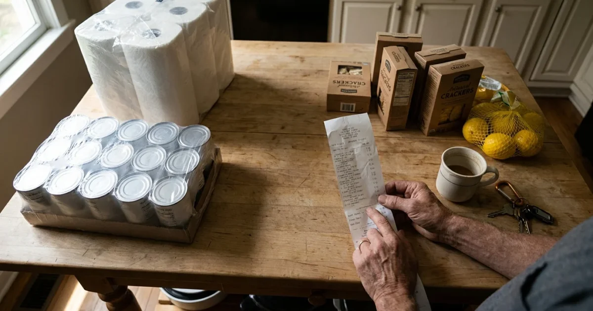 A person's hands holding a long grocery receipt over a kitchen counter filled with bulk and small-batch groceries.