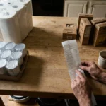 A person's hands holding a long grocery receipt over a kitchen counter filled with bulk and small-batch groceries.