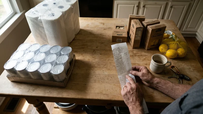A person's hands holding a long grocery receipt over a kitchen counter filled with bulk and small-batch groceries.