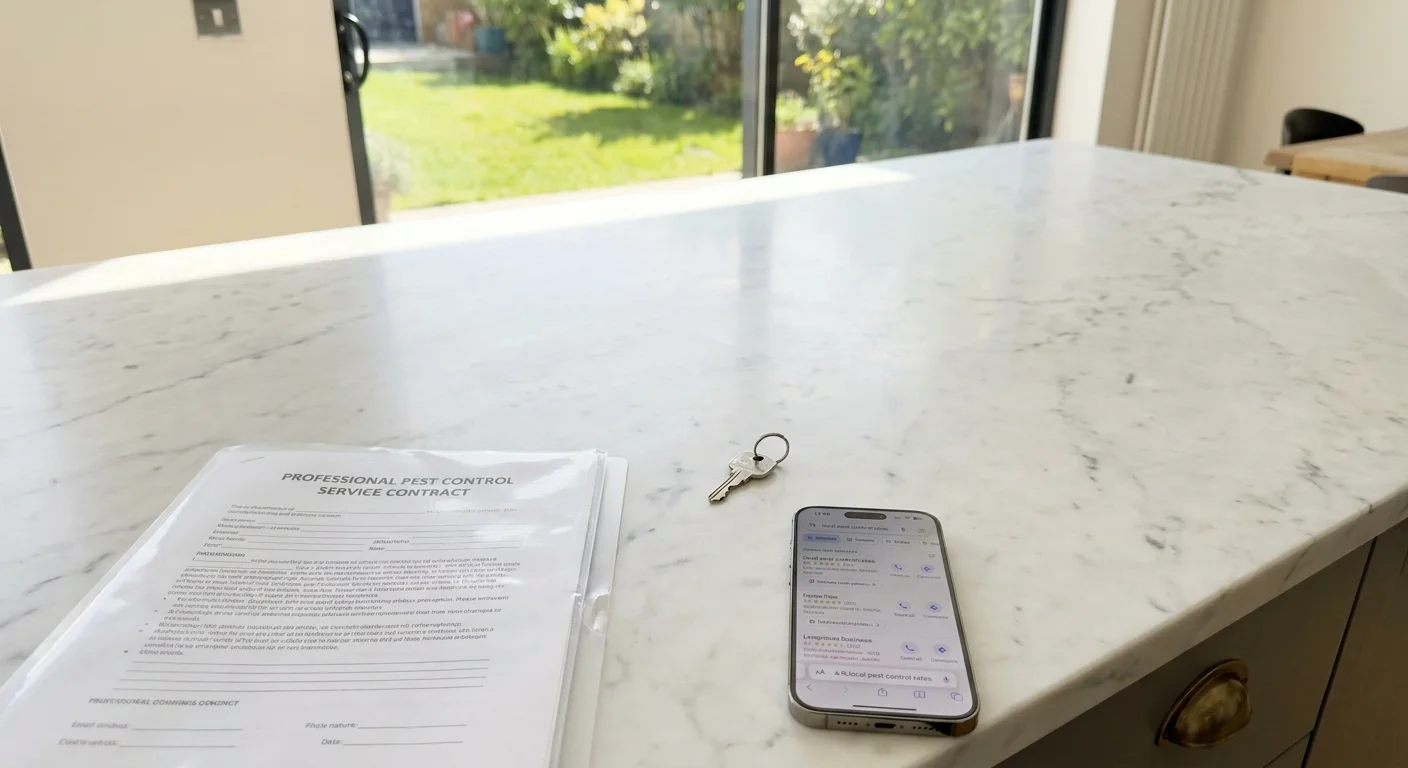 A pest control contract and a smartphone showing competitive rates on a marble kitchen counter.