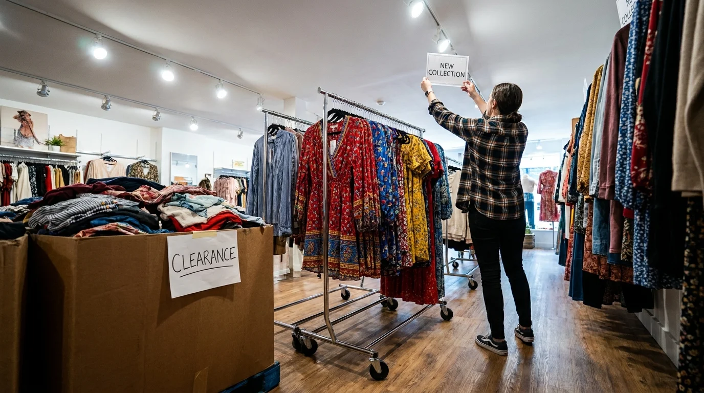 A photo of a clothing store being reorganized with a new floor set and a clearance bin during the third Thursday of the month.