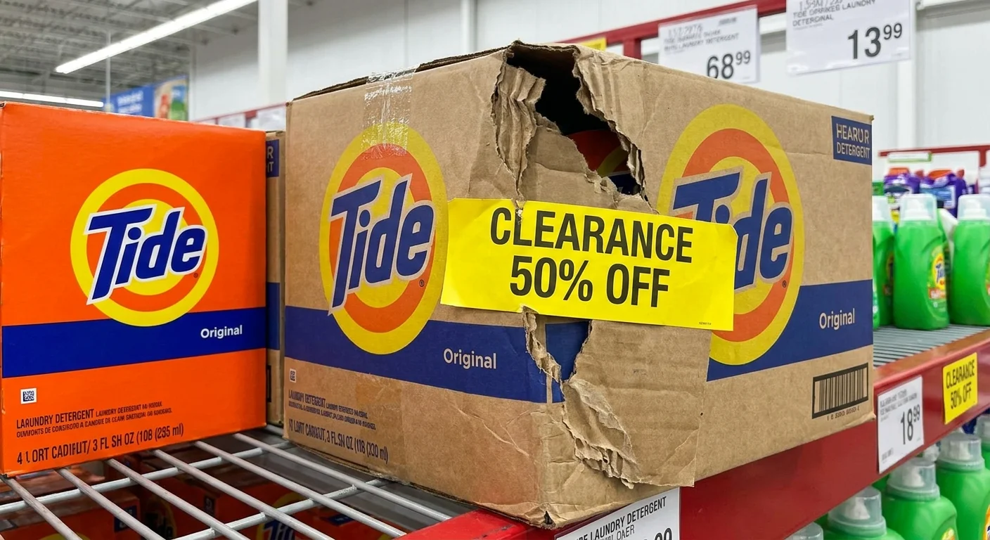 A photo of a laundry detergent box with a crushed corner and a yellow clearance sticker on a store shelf.