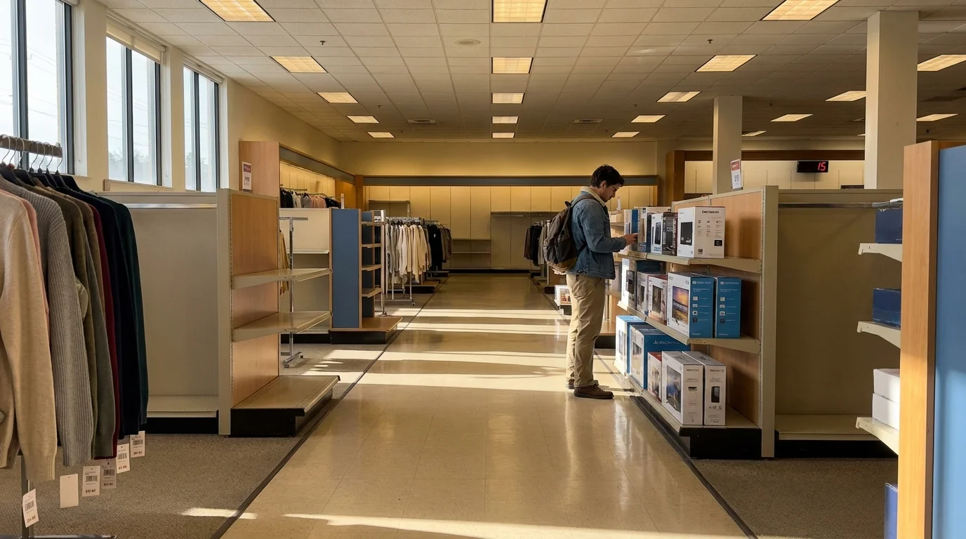 A photo of a nearly empty department store on the 15th of the month, showing a single shopper browsing in a quiet aisle.