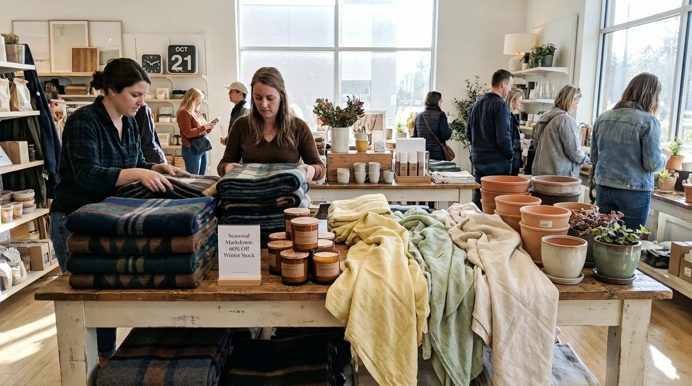 A photo of a store table showing a seasonal transition from winter blankets to spring pottery with a 60% off sign.