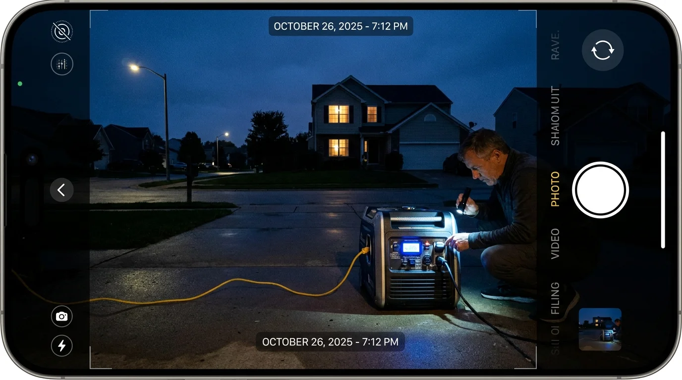 A portable generator running in a dark driveway at night, with an extension cord leading to a lit window.