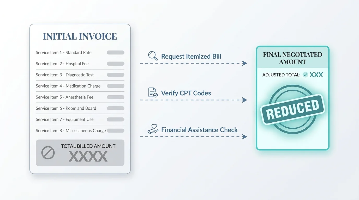 A process diagram showing steps to reduce a medical bill, from the initial invoice to a final reduced amount.