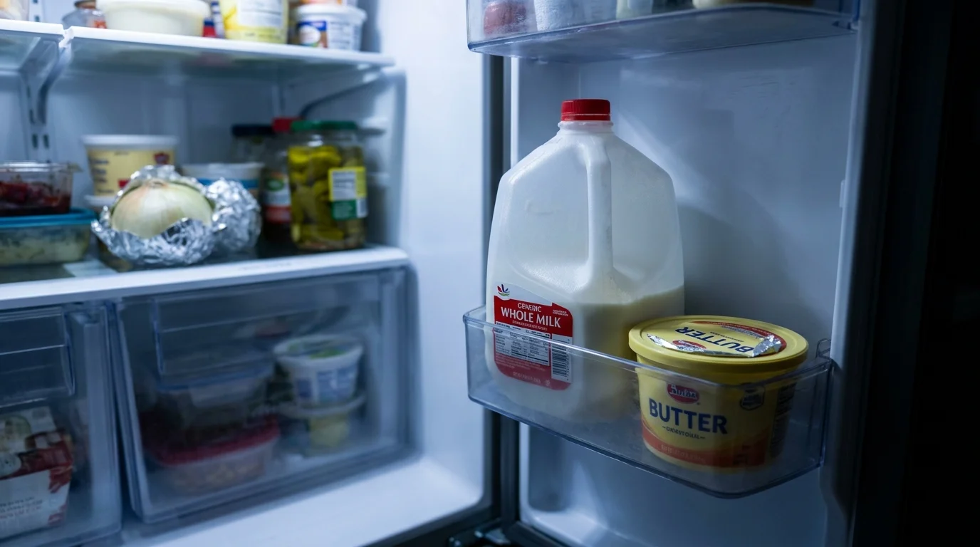 A refrigerator door containing generic store-brand milk and butter.