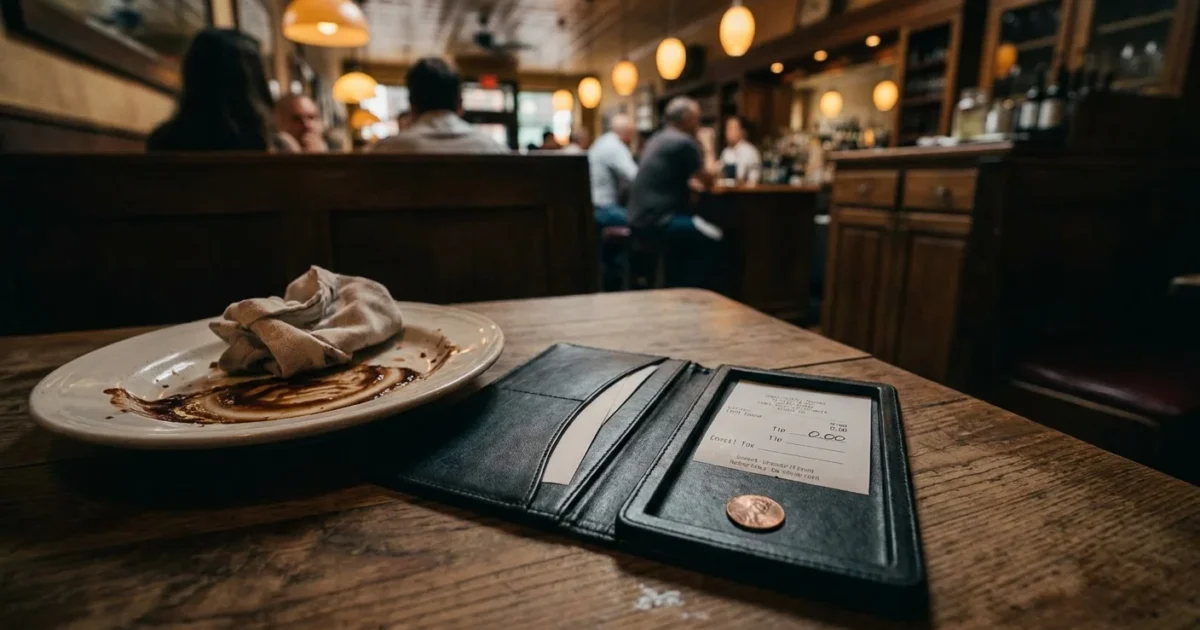 A restaurant receipt showing a zero tip next to a single penny on a wooden table in a dimly lit bistro.