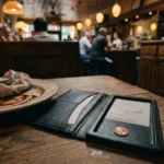 A restaurant receipt showing a zero tip next to a single penny on a wooden table in a dimly lit bistro.