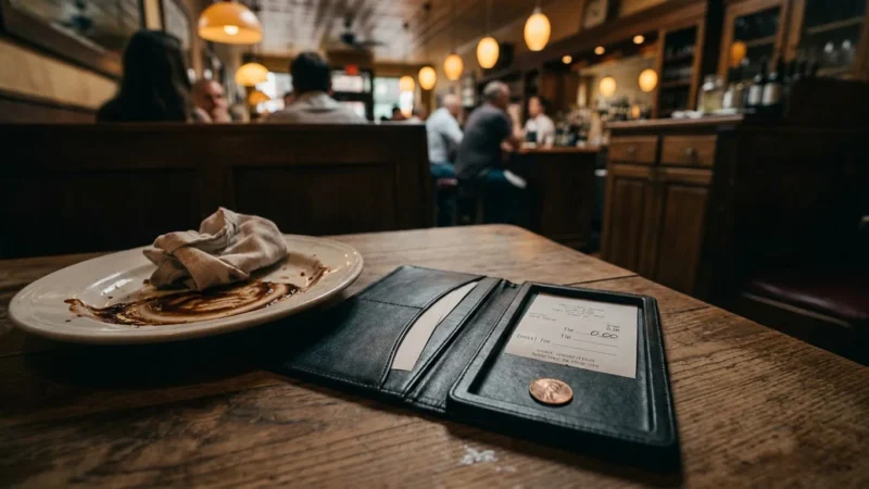 A restaurant receipt showing a zero tip next to a single penny on a wooden table in a dimly lit bistro.