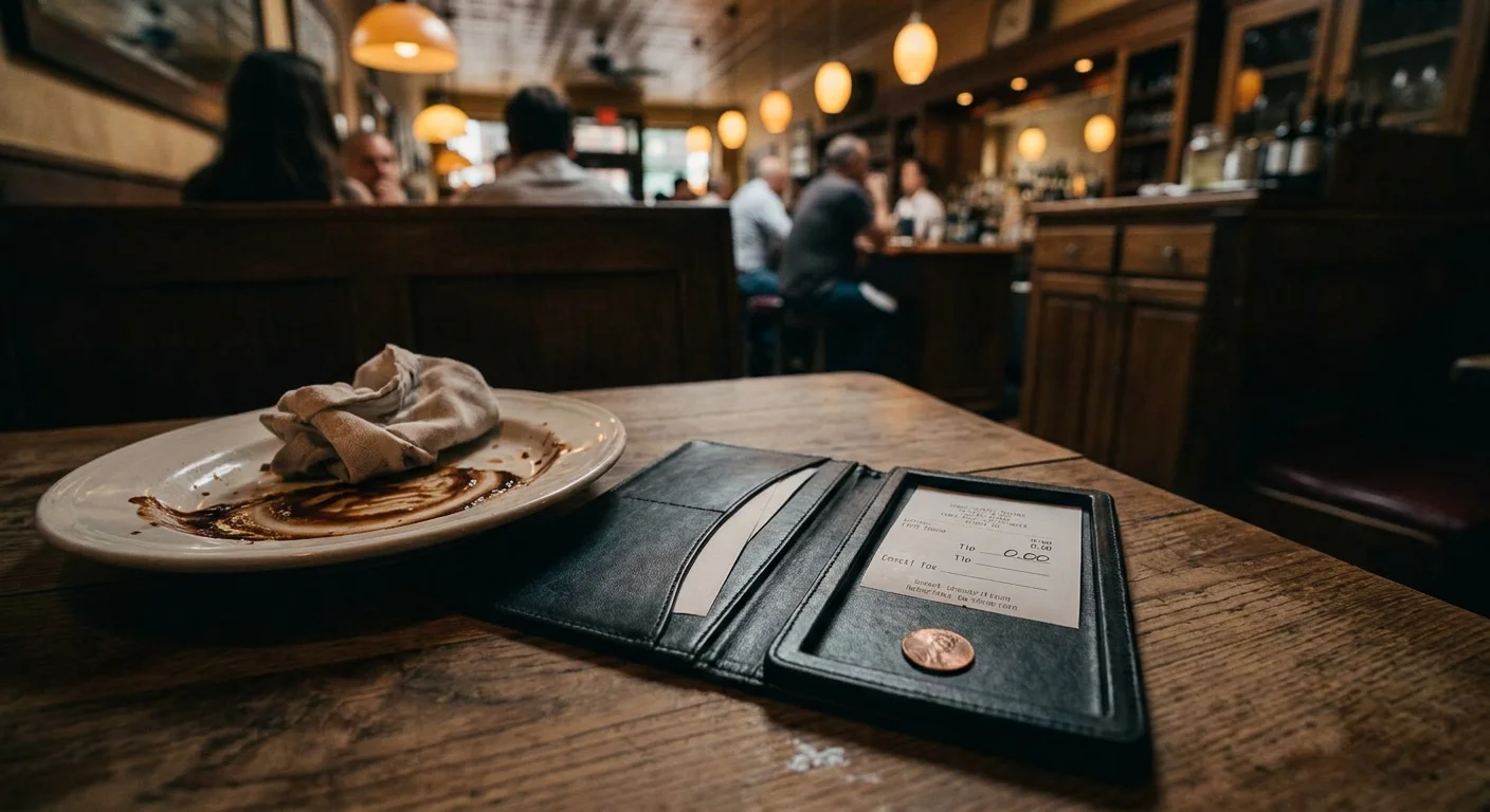 A restaurant receipt showing a zero tip next to a single penny on a wooden table in a dimly lit bistro.